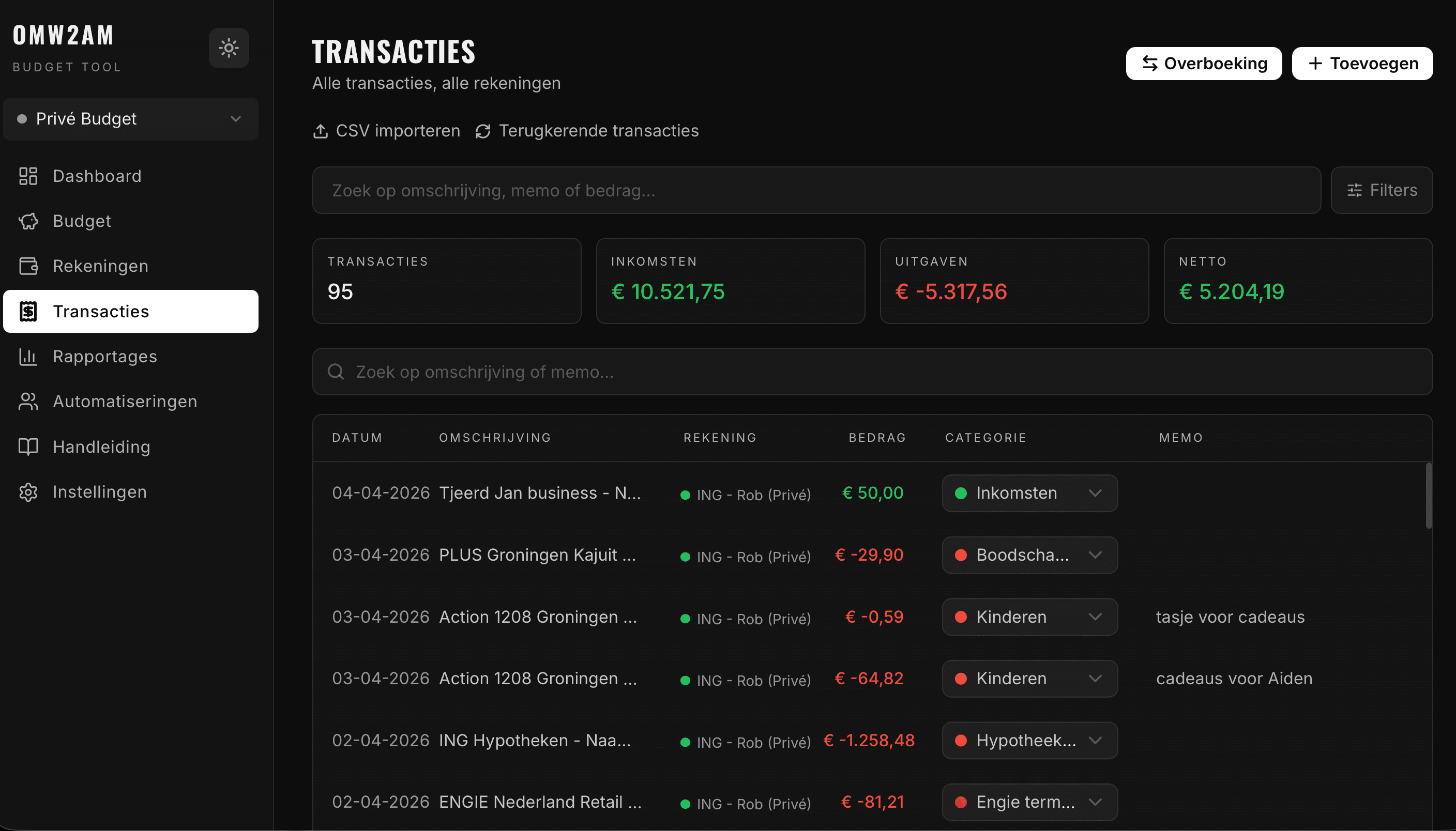 OMW2AM Budget Tool — Transacties